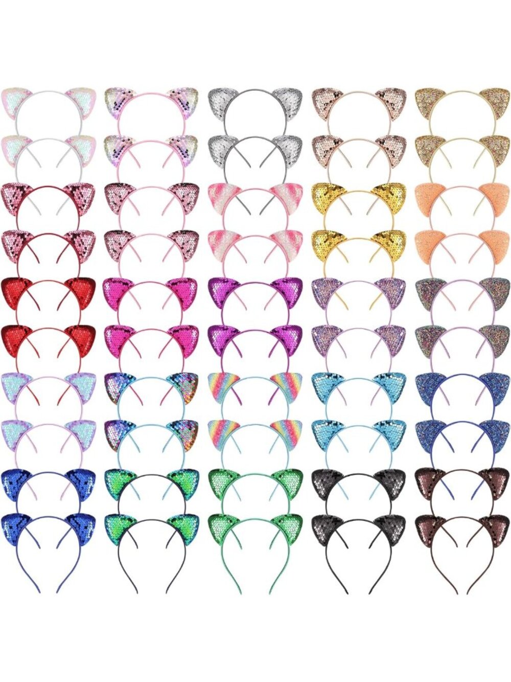 Glitter Sequin Cat Ear Headbands - 50 Pcs Shiny Hair Accessories for Parties, 25